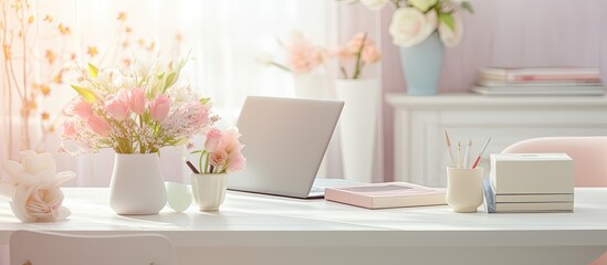 modern computer and floral aesthetics create a comfortable work environment.