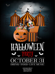 halloween poster with pumpkin bucket, evil clown and circus with orange and black stripes. halloween party flyer