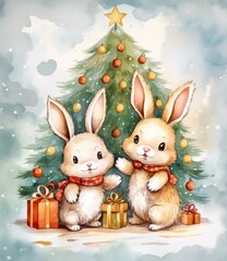 Wall Mural - Cute group of Christmas rabbits