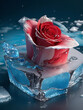 A frozen red rose in a ice brick - AI Generative