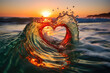 A heart made of waves forms on the beach as the sun kisses the horizon. A perfect moment of romance and nature at sunset.