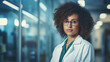 © Karat - A female african american scientist portrait: A woman dressed in a lab coat, works in her Lab. She embodies innovation and academic professionalism. Bright abstract lab background.