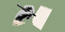 Halftone Hand Writes On Notebook Sheet. Trendy Retro Style. The Concept Of Writing Goals And Plans.