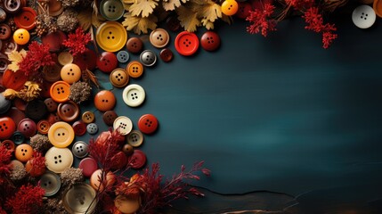 Wall Mural - Autumn button frame with autumn leaves and berries on dark background, AI