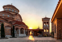 Monastery Of Dormition Of Holy Mary (Panagia Evrou) Orthodox Monastery, Makri Evros Greece, Catholic Church In Byzantine Style, Sunset Colors