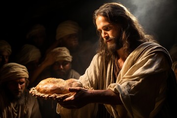 Wall Mural - Jesus Christ fed bread to the poor , bible religion, gospels, ancient scriptures history, Jesus hands giving bread to poor , biblical story to feed hungry, charity.