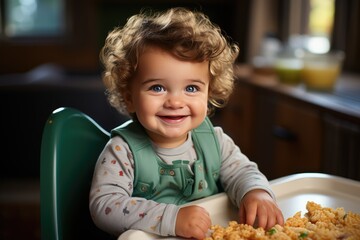 Wall Mural - Cute baby with curly blonde hair sitting and eating lunch