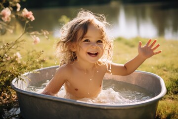 Wall Mural - Little girl taking a bath outdoors and playing