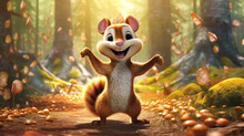 Squirrel In The Bright Forest With An Acorn In His Paws,