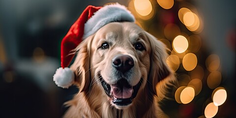 Wall Mural - A happy golden retriever in a red Christmas hat on the background of Christmas lights