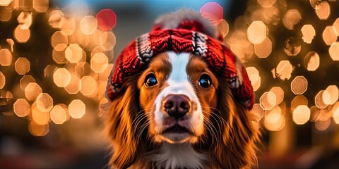 Wall Mural - A brown dog in a red Christmas hat on the background of Christmas lights