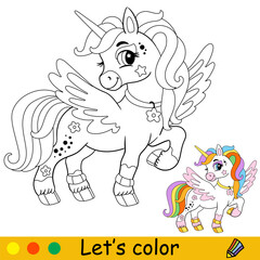 Cartoon wingled white unicorn kids coloring book page vector