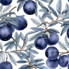 Wall Mural - Plums watercolor sketch illustration seamless pattern.