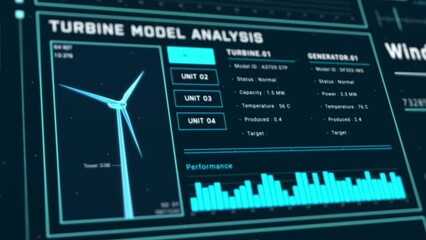Poster - Futuristic wind turbine energy control center interface design, digital data network battery management system, green renewable power technology software, engineering iot HUD information 3d rendering