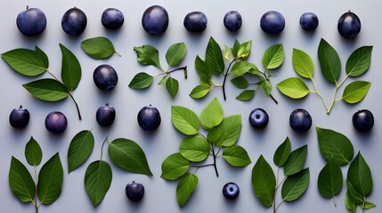 Wall Mural - Plums photo realistic flat lay pattern background.