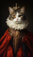Illustration Of A Grey White Tabby Cat Wearing A Red Dress In Medieval Fantasy Style