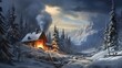a traditional log cabin in the woods, smoke rising from the chimney, surrounded by a pristine winter landscape