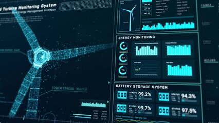 Futuristic wind turbine energy control center interface design, digital data network battery management system, green renewable power technology software, engineering iot HUD information 3d rendering