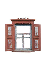 Wall Mural - Old abandoned ukrainian wooden window frame with shutters and decorative elenents isolated on transparent background.	