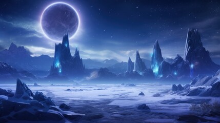 Illustrate an icy and alien planet with towering ice spires, frozen lakes, and an alien sky filled with unfamiliar constellations game art