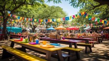 A Vibrant Cultural Festival, Featuring Communal Picnic Tables And Diverse Seating Arrangements For A Multicultural Event