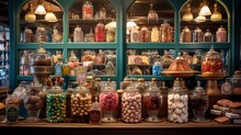 A Vintage Pastry Shop, With Glass Jars Filled With Colorful Candies, Nougats, And Marzipan Delights, Evoking A Sense Of Nostalgia