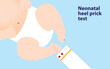 Neonatal heel prick test illustration. Newborn foot with blood and the test paper