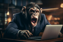 erstaunter aggressiver Affe im Business Anzug vor dem Laptop bei der Arbeit im Büro / Home Office. Generative Ai.