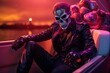a man wearing skull mask and leather jacket sitting in boat at evening time, Generative Ai