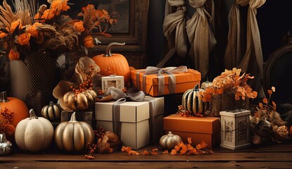 still life art style, vintage style gift box with Autumn foliage pumpkin, red berries, flower bouquet, Generative Ai 