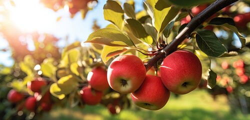 beautiful big red apples on tree branch , Generative Ai	
