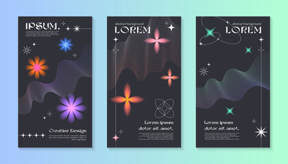 Wall Mural - vector insta story cosmic templates with linear shapes,blurred sparkles in 90s style.smm banners in 