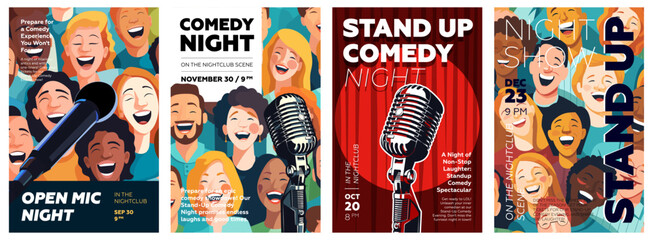 Stand up comedy show poster set. Open mic night funny event flyer and print template collection. Vintage microphone with laughing people on promo placard. Typography banner design. Vector illustration