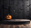 Scene with podium for mock up presentation in halloween style with pumpkins