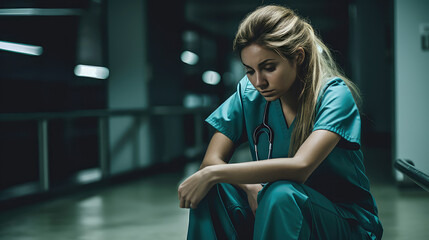 Wall Mural - A sad nurse worries alone in an empty medical clinic. Hard work of the nursing staff, sleepless night in emergency surgery.