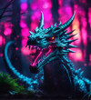 Cyberpunk dragon in neon lighting, futuristic photorealistic illustration