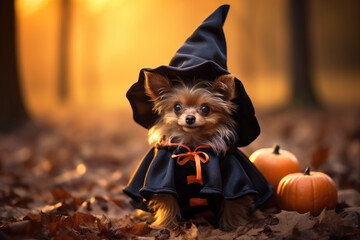 Wall Mural - Cute puppy in Halloween costume in autumn forest, little pet dog
