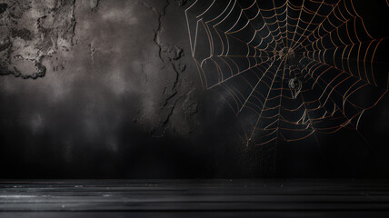 Wall Mural - web with spider against old dark wall background on halloween night