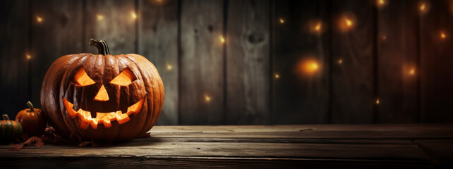 Wall Mural - scary halloween pumpkin lantern and magic lights on wood background