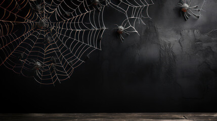 Wall Mural - web with spiders against dark concrete wall, background on halloween