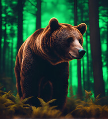 brown bear in neon lighting, futuristic photorealistic illustration