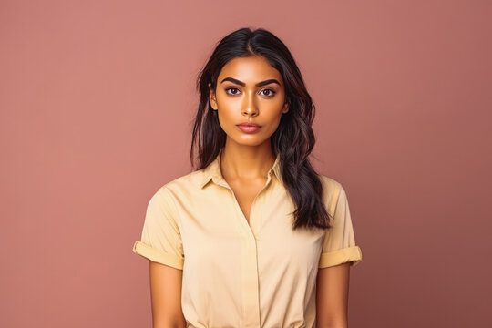 Portrait of beautiful indian female looking serious in casual clothes on a colored background