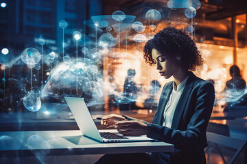 Business woman using her laptop at work, visual technology in background