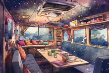 Illustration Of A Holiday Decorated Interior Of A Camper Van