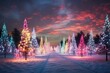 Magical forest with christmas trees and glowing lights.