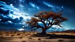 A beautiful lonely tree in the desert at night with a starry night sky and Milky Way visible overhead, Timelapse stunning Scenic World Video Landscapes, Generative AI