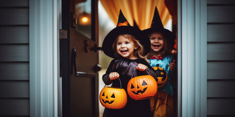 Children holding a pumpkin on Halloween trick or treat