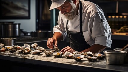 seafood chef shucking oysters and preparing seafood platters generative ai