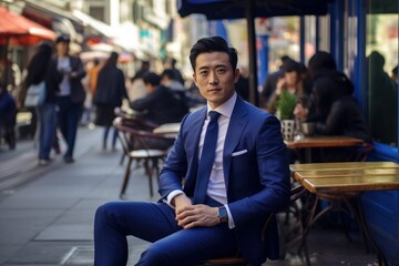 Wall Mural - Candid Street Portrait of a Fictional Asian Businessman Wearing an Elegant Stylish Royal Blue Suit. Generative AI.