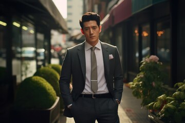 Wall Mural - Candid Street Portrait of a Fictional Korean Businessman Wearing an Elegant Stylish Charcoal Suit. Generative AI.